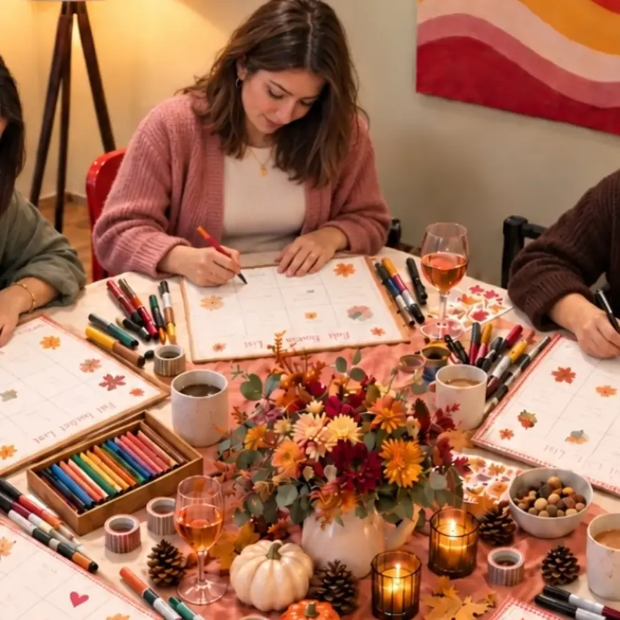 a fall table: bingo cards, markers, flowers, small pumpkins and candles