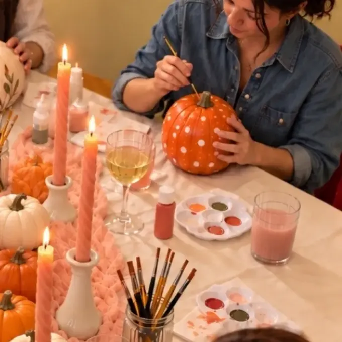 hands painting polka dots on an orange pumpkin, next to tall candles