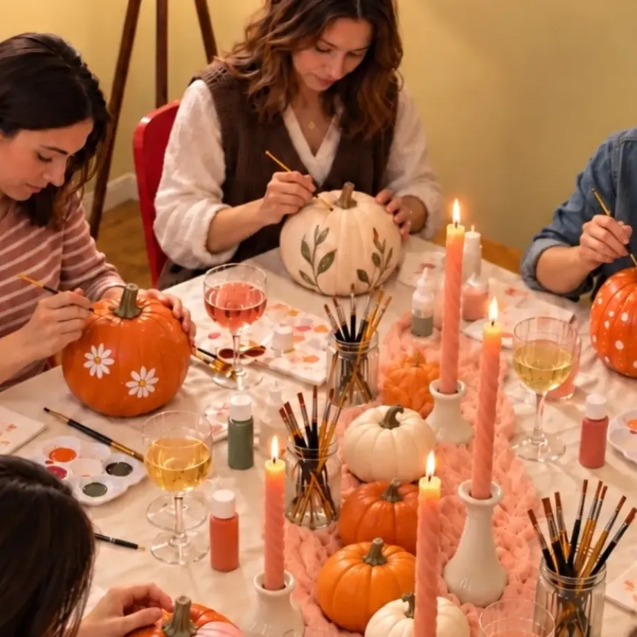 pumpkins, candles and brushes on the big table at pumpkin night