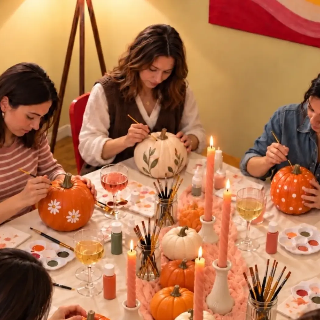 a group painting pumpkins around a candle-lit table